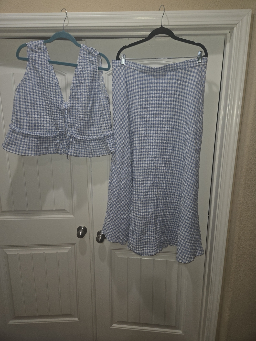 Zara Light Blue Gingham Maxi Skirt Set Size XL EUC